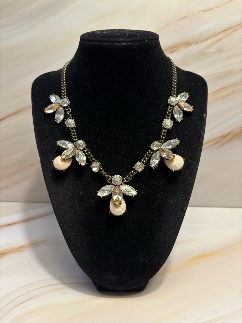 Sugarfix Brass-Tone Crystal Necklace with Soft Shell Pink Teardrops 16”+2”